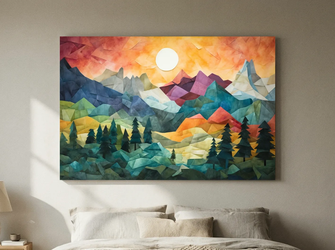 Abstract Alpine Mountain Sunset Artwork - Vibrant Patchwork Mosaic Wall Art