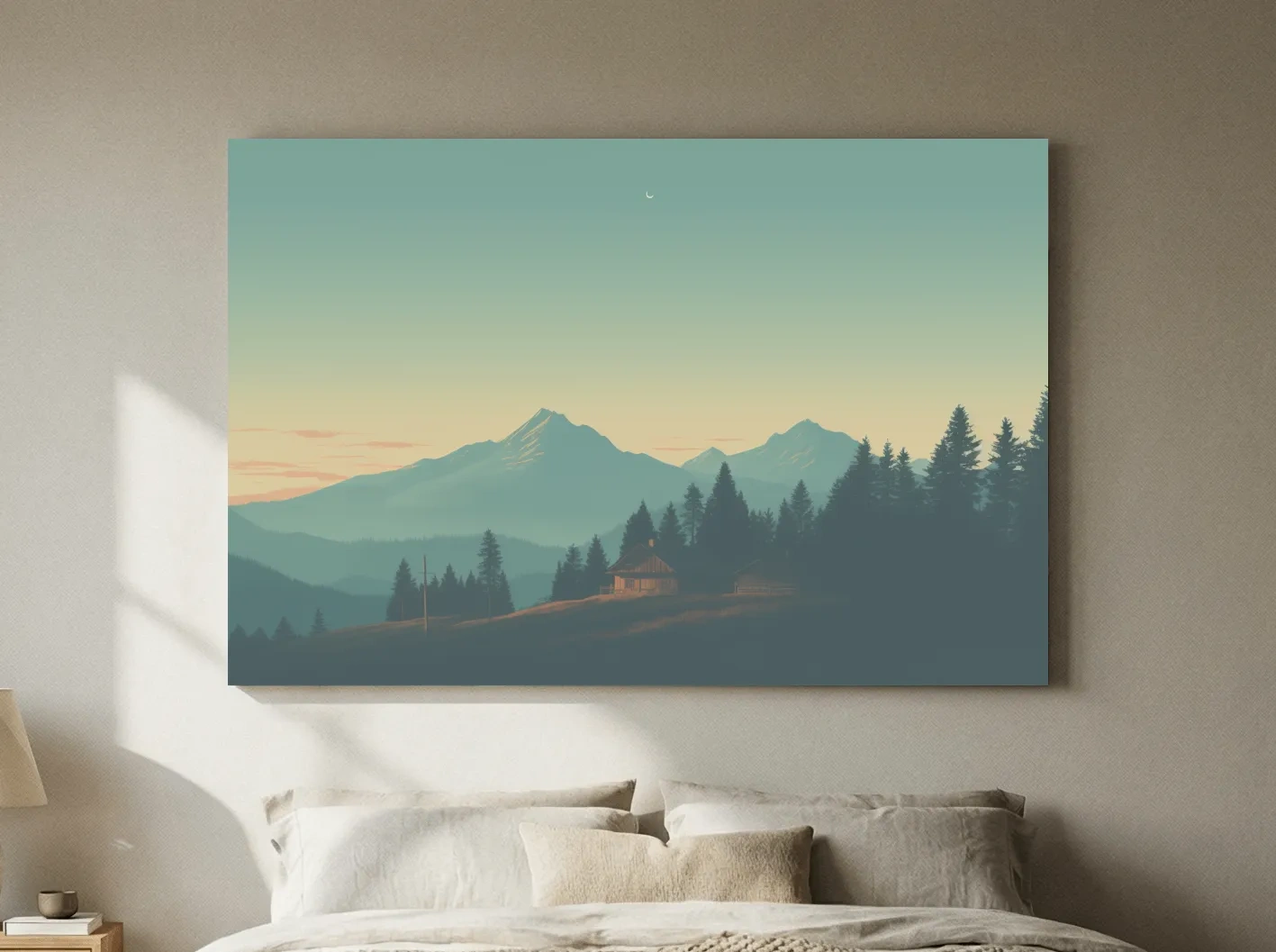 Hazy Alpine Cabin Mountain Sunset - Serene Vintage Landscape Wall Art