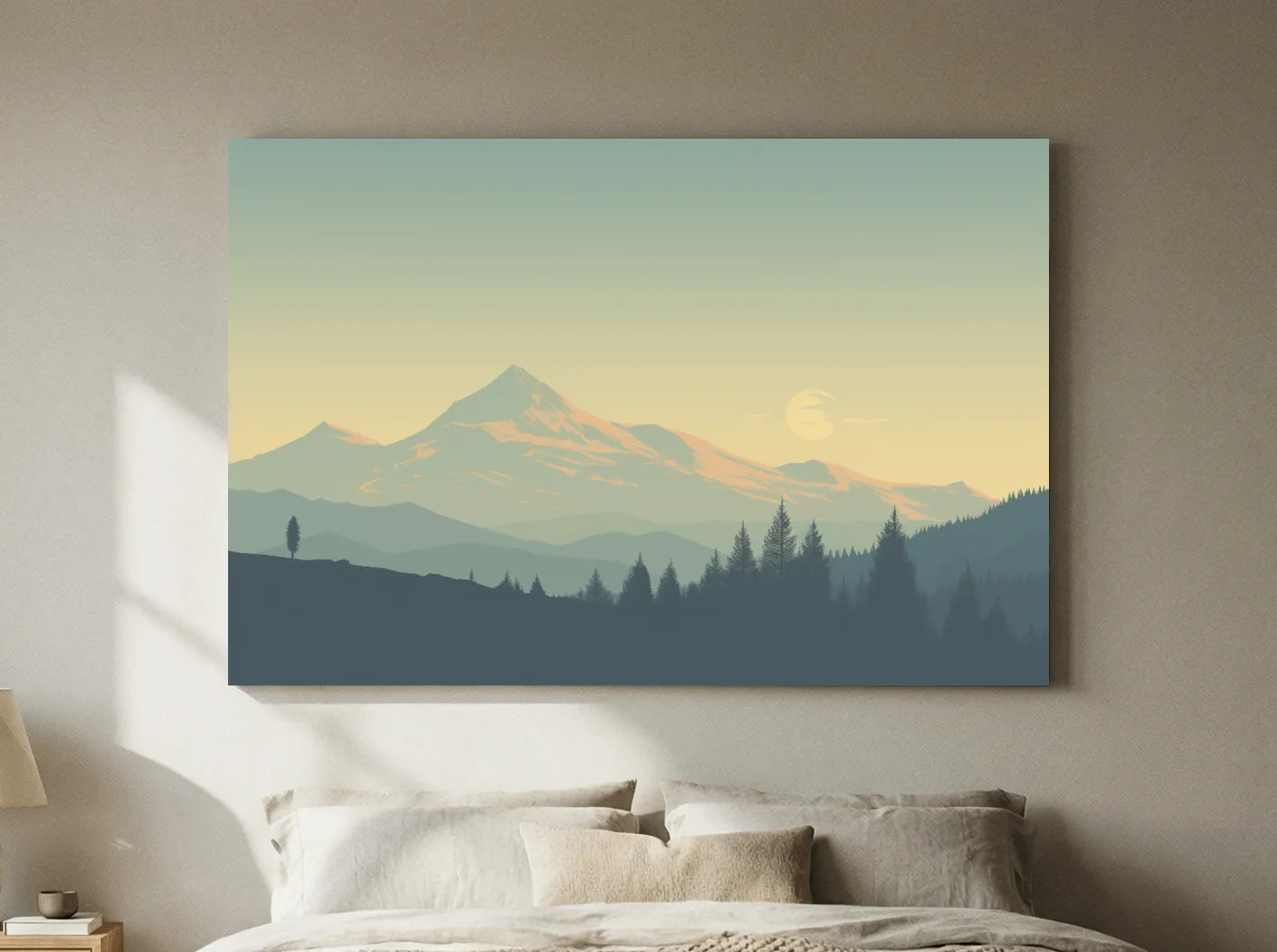 Minimalist Misty Mountain Sunrise Landscape - Serene Alpine Forest Wall Art