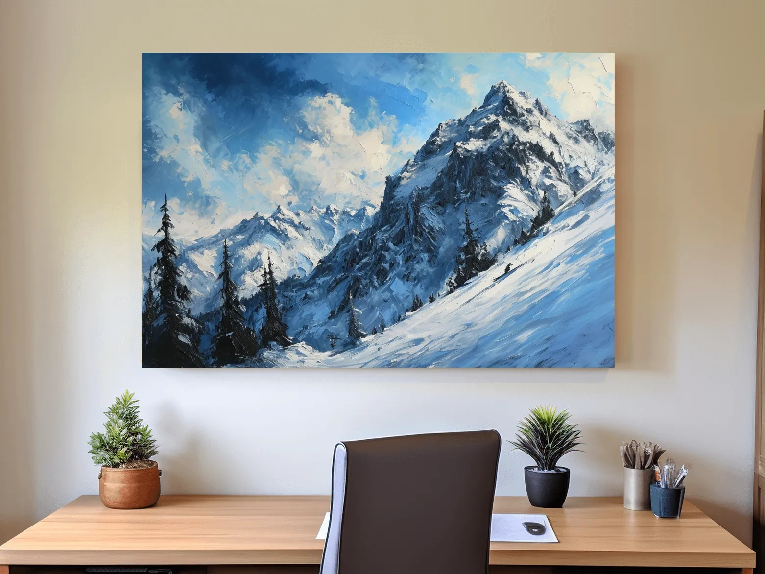 Textured oil painting of alpine snowy mountain