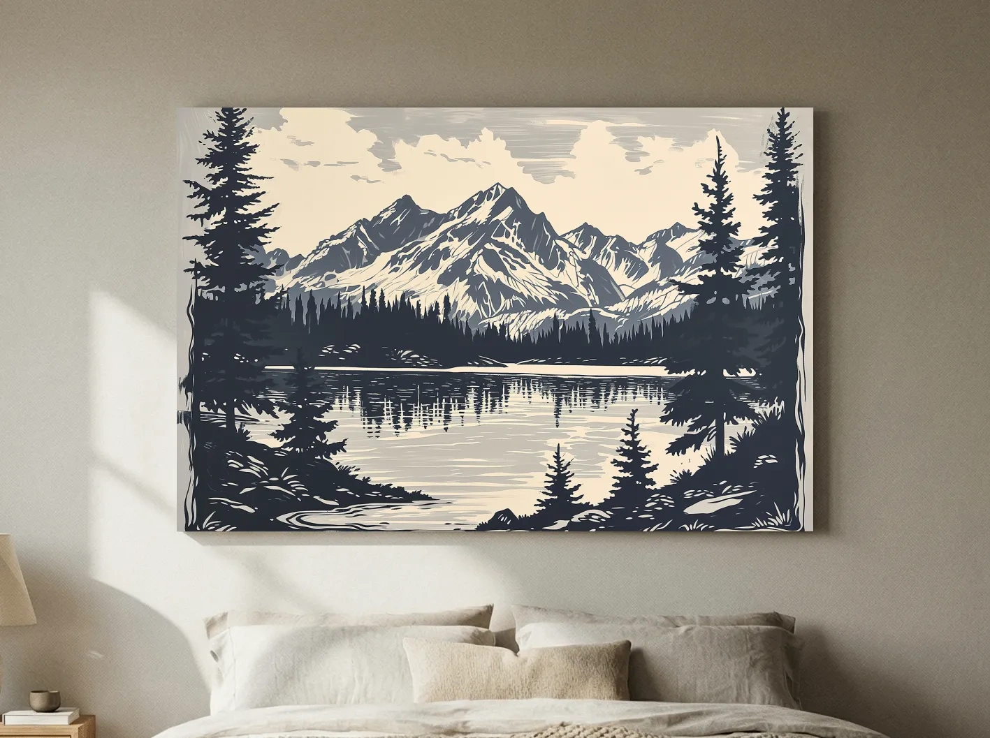 Vintage Alpine Lake Mountain Illustration - Monochrome Linocut Style Artwork