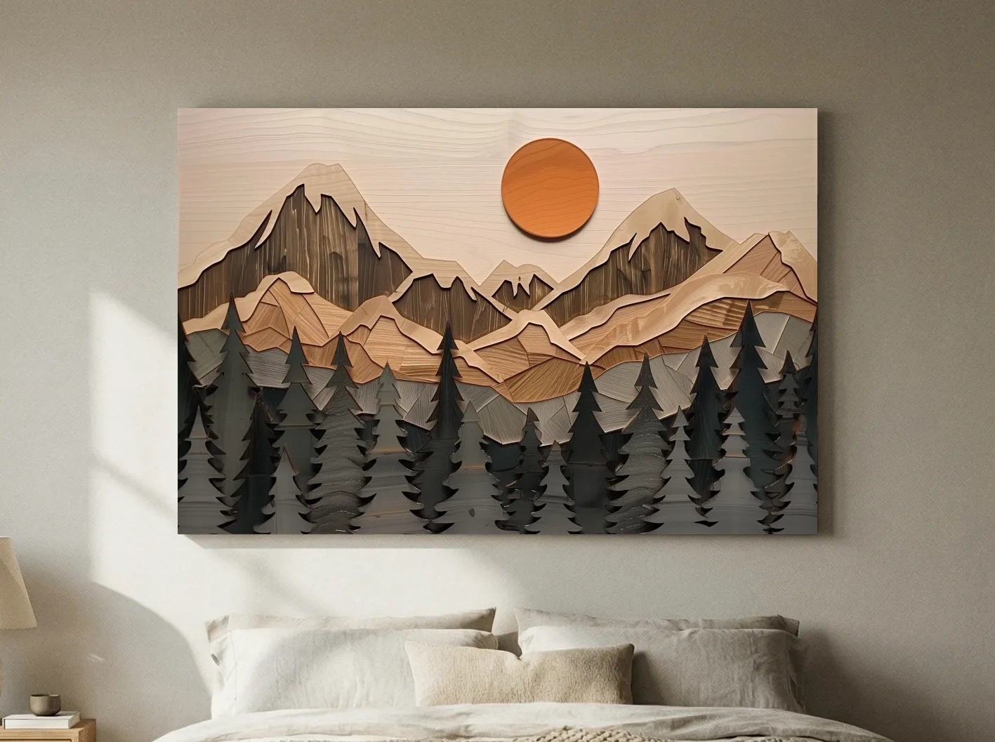 Rustic Geometric Wood Grain Mountain Sunrise - Pine Forest Landscape Wall Art