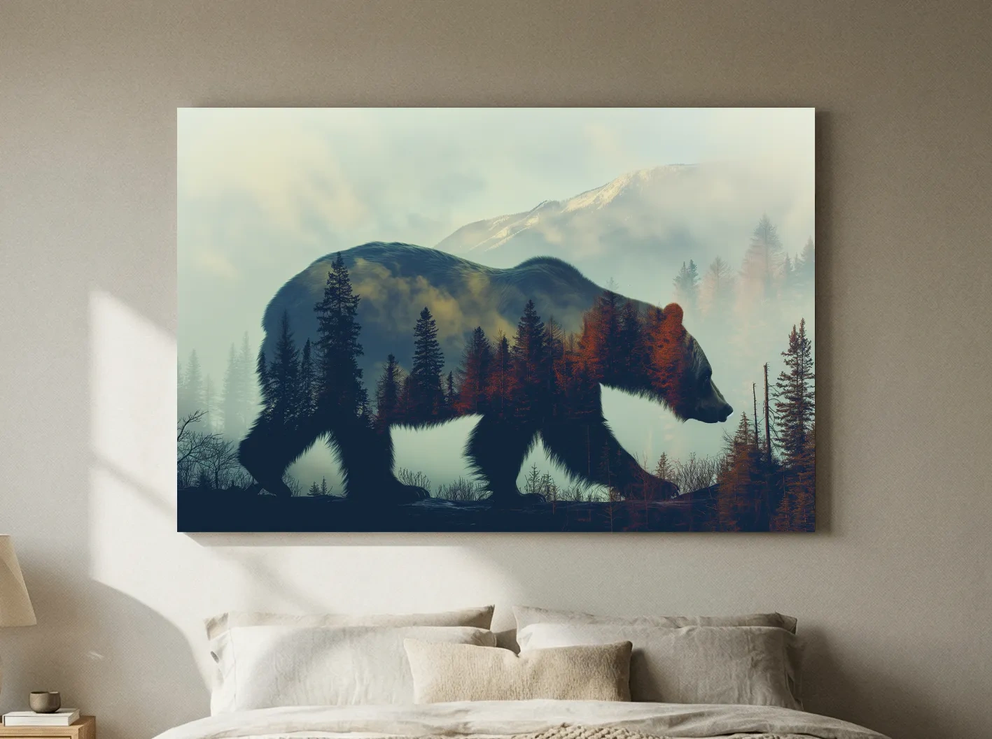 Moody Double Exposure Grizzly Bear Silhouette - Misty Pine Forest Mountain Wall Art