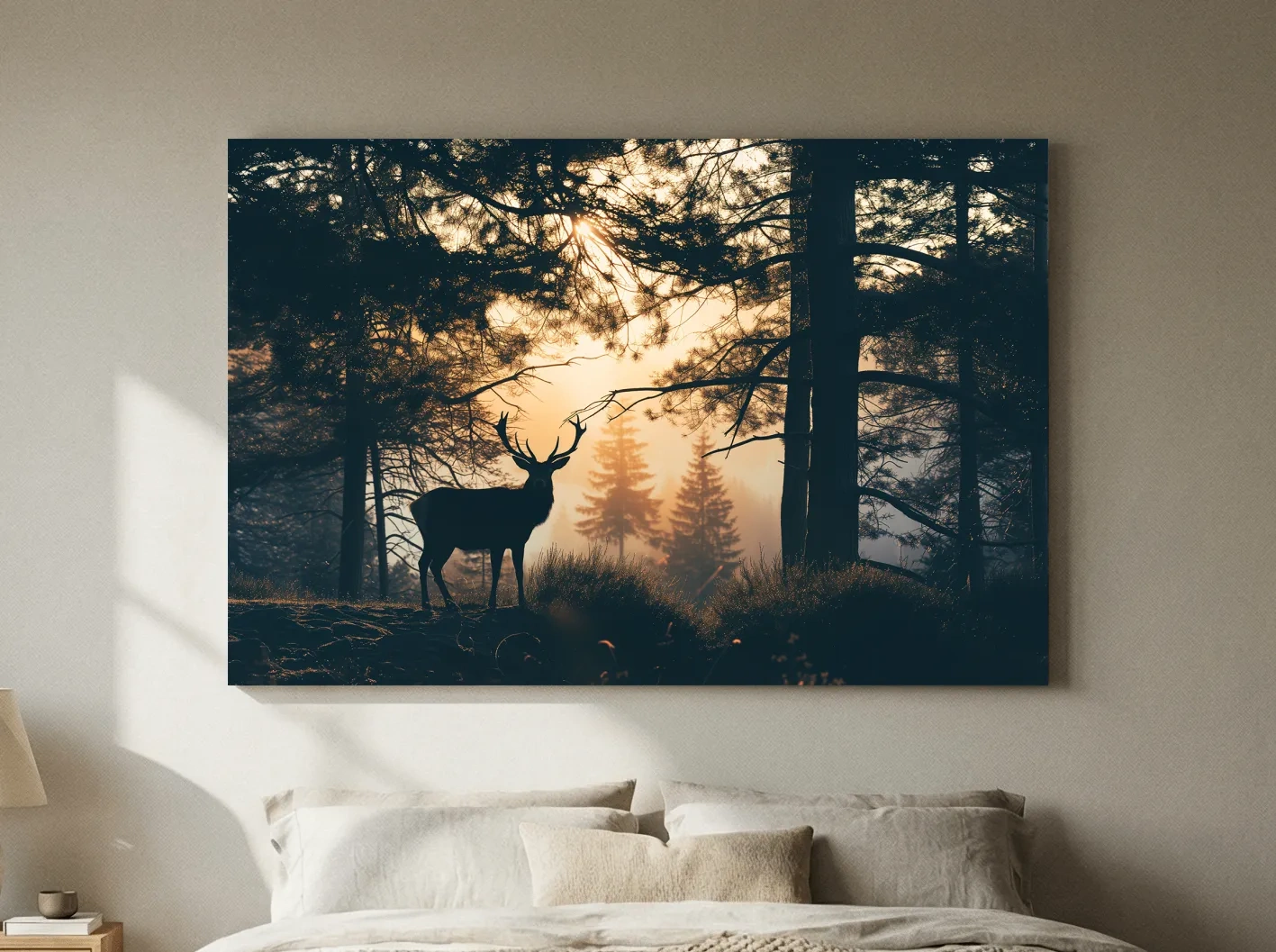 Moody Deer Silhouette In Misty Pine Forest - Golden Sunrise Wildlife Wall Art
