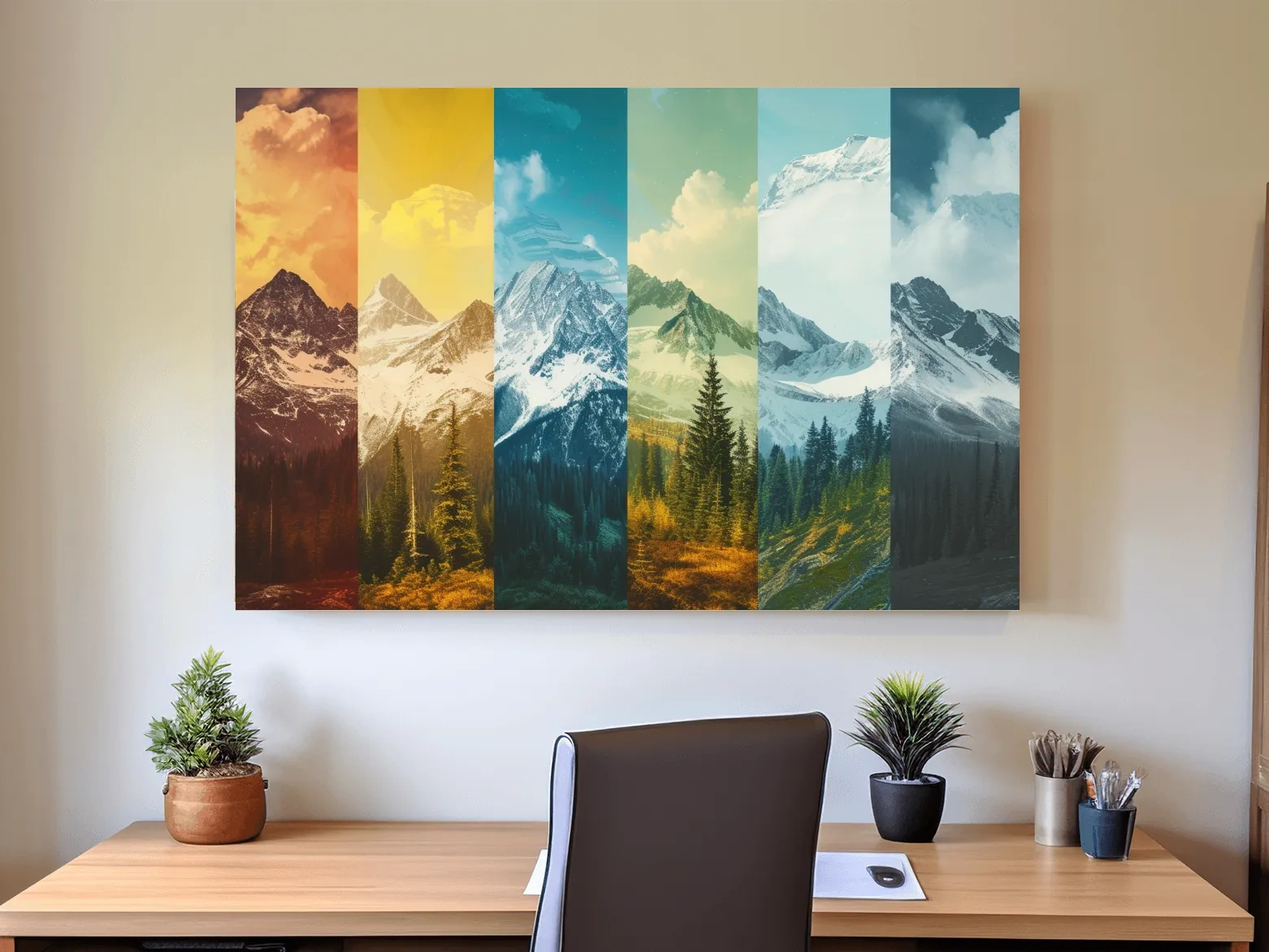 Changing of seasons, alpine forest and glacier art, split panel artwork
