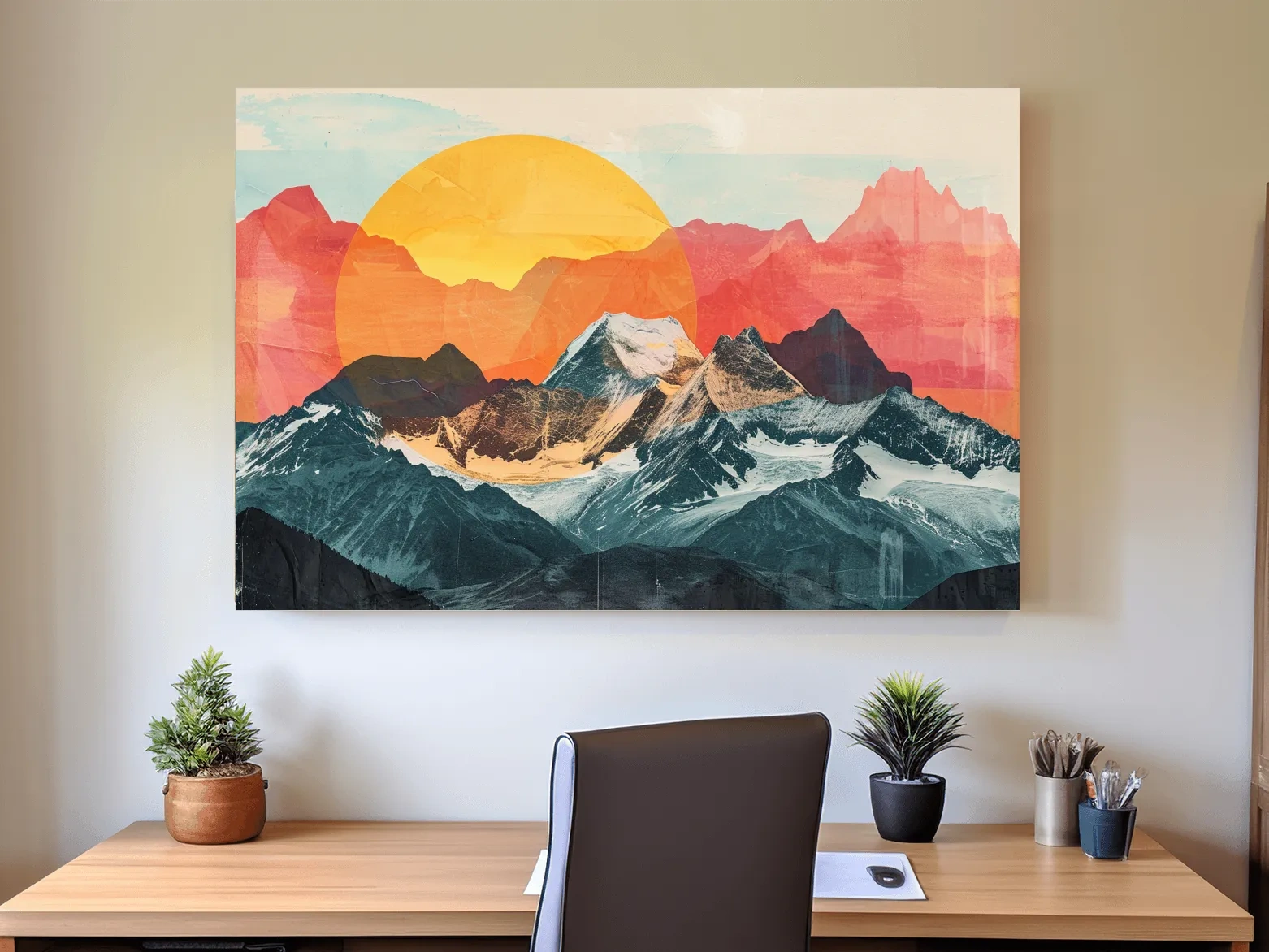 Abstract Alpine Mountains With Golden Sun - Modern Collage Landscape Artwork