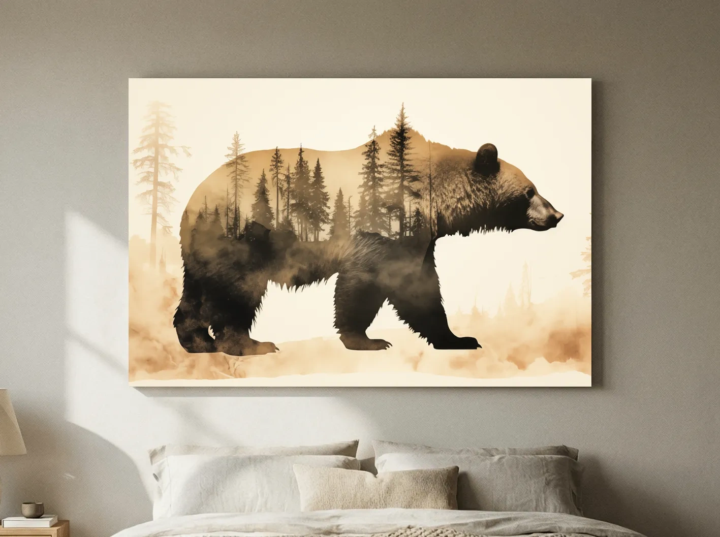 Double Exposure Grizzly Bear Forest Silhouette - Misty Wilderness Nature Artwork