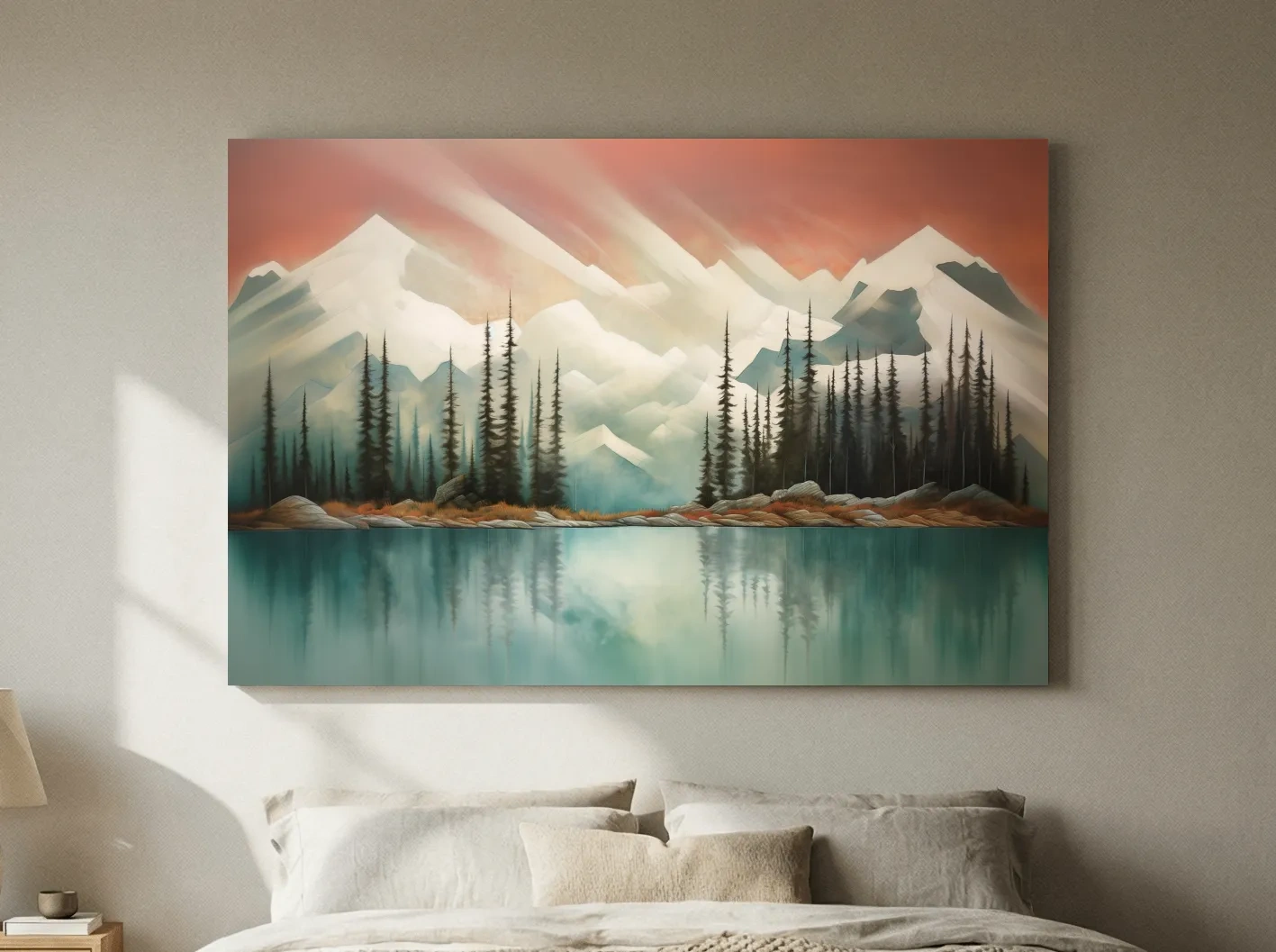 Abstract Alpine Lake Landscape Painting - Serene Pine Forest Mountain Wall Art