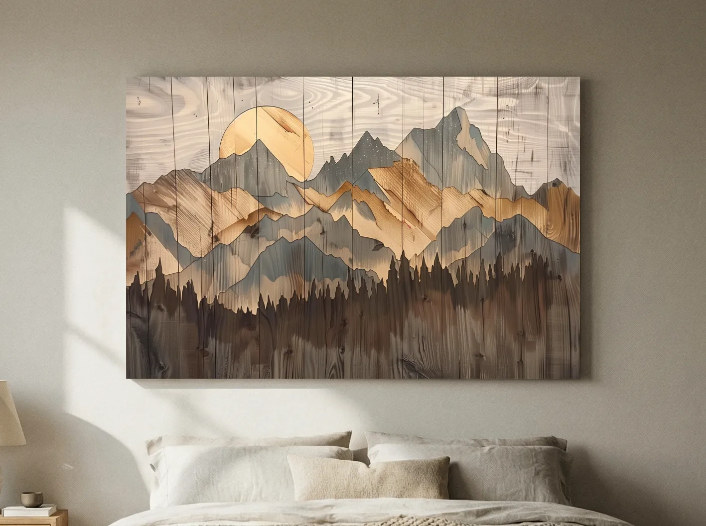 Rustic Mountain Range Sunrise - Woodgrain Style Forest Wall Art