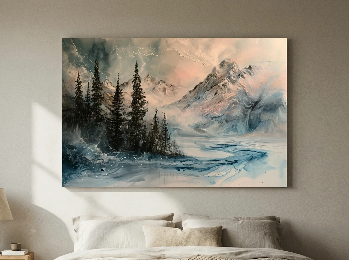 Ethereal Mountain Lake Alpine Forest - Moody Abstract Alcohol Ink Wall Art