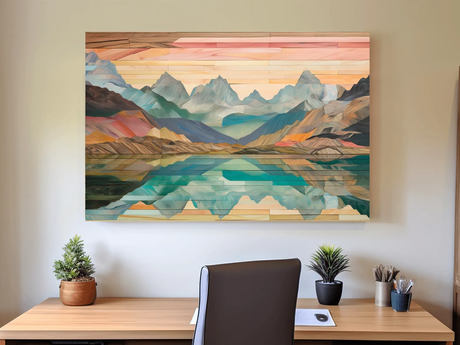 Alpine Lake Mountain Reflection - Layered Wooden Style Landscape Wall Art