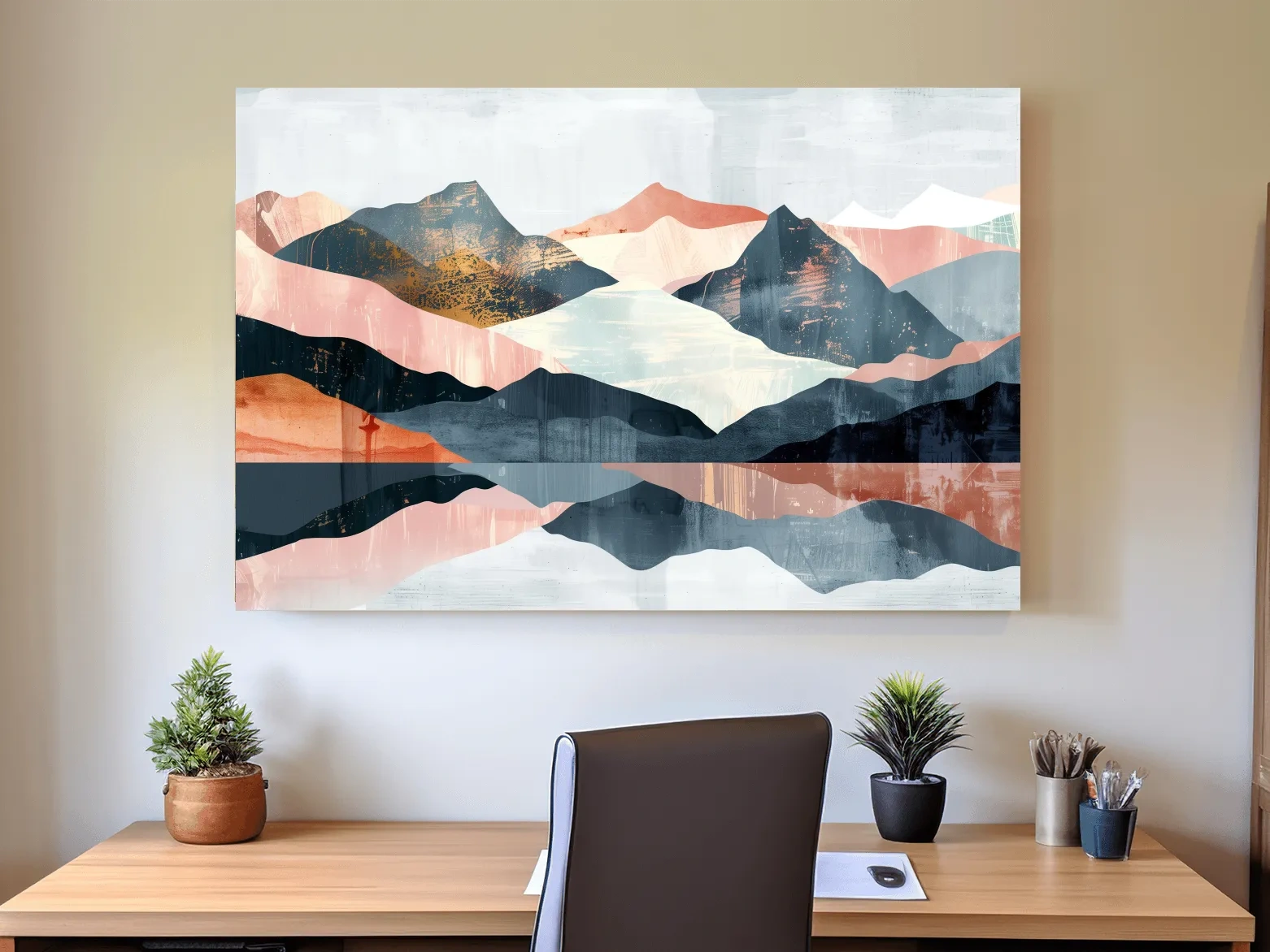 Abstract mountain painting, mid century style artwork