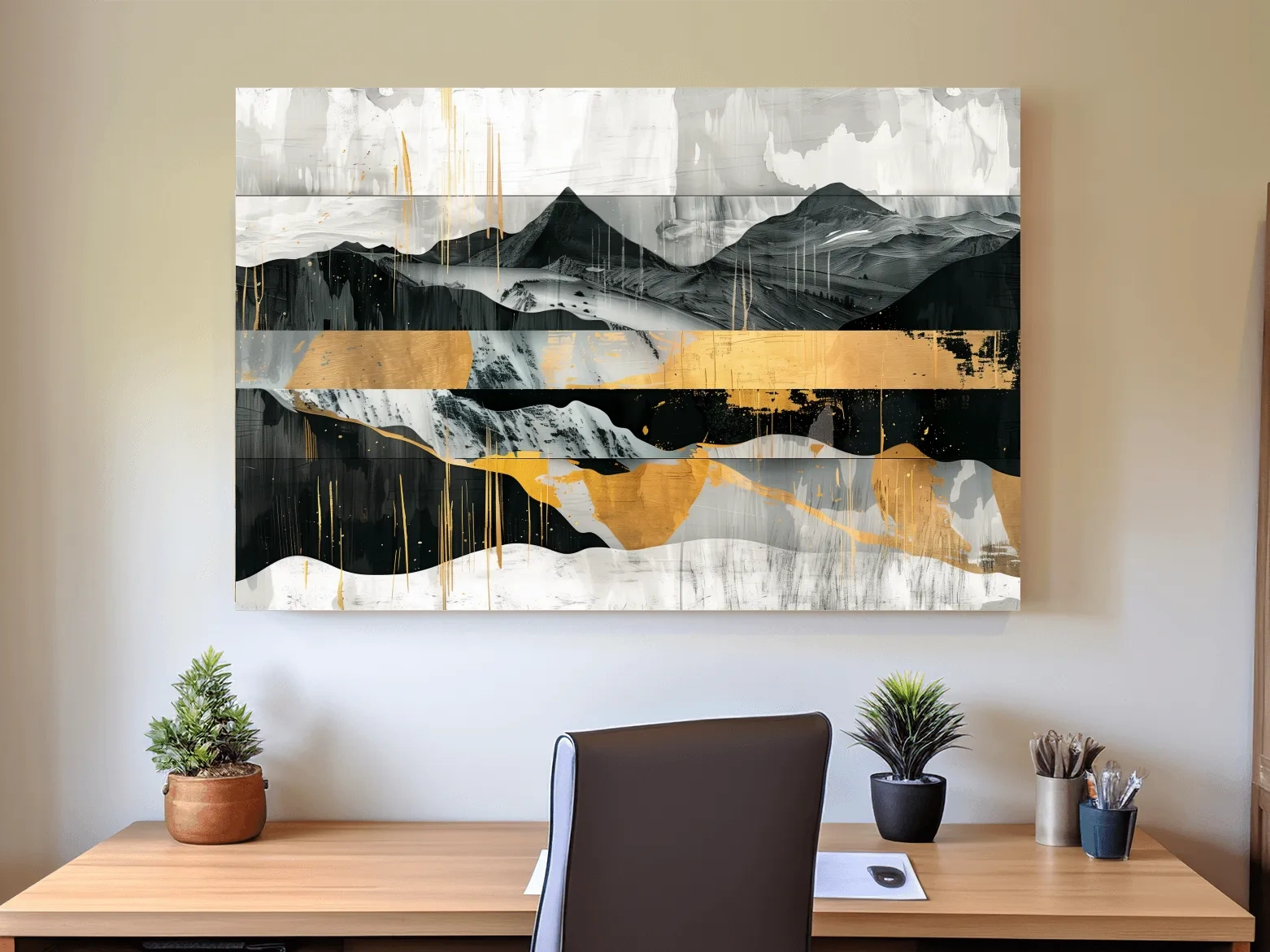 Abstract Monochrome Mountain Range With Gold Accents - Modern Mixed Media Landscape Wall Art
