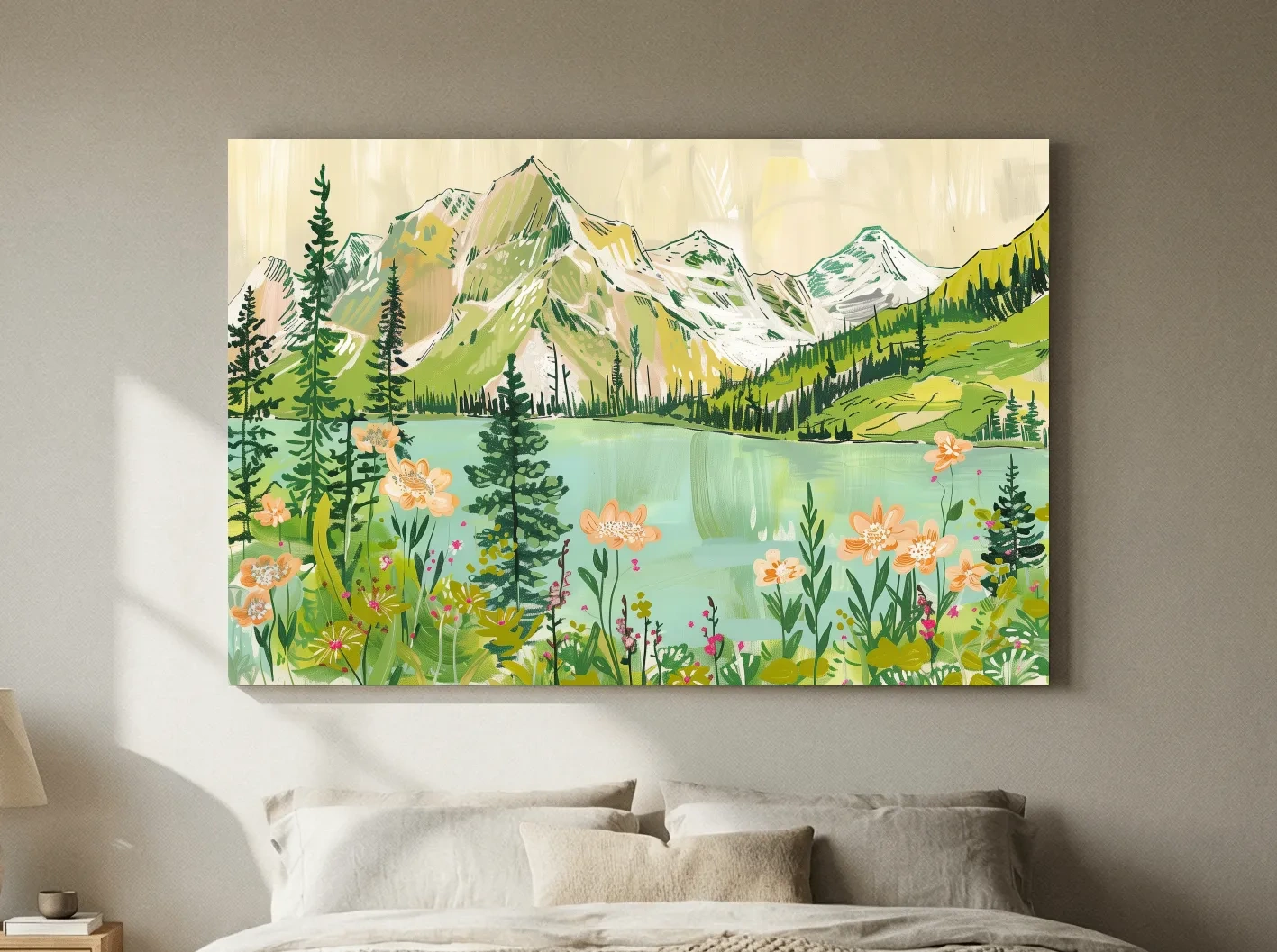Whimsical Alpine Lake Wildflower Stylized Painting - Mountain Meadows Wall Art
