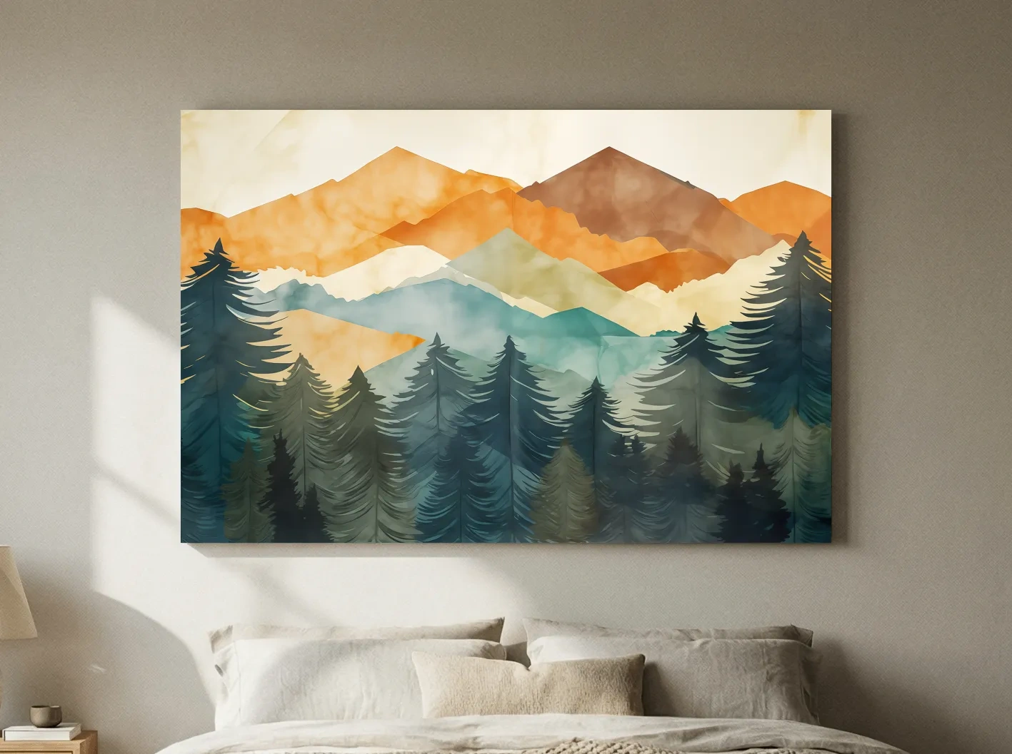 Serene Landscape Painting - Abstract Watercolour Forest & Mountains