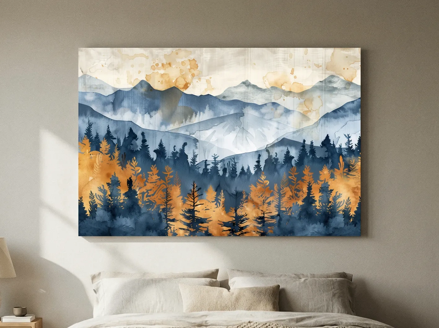 Watercolor Mountain Forest Landscape - Abstract Golden Autumn Pines Wall Art
