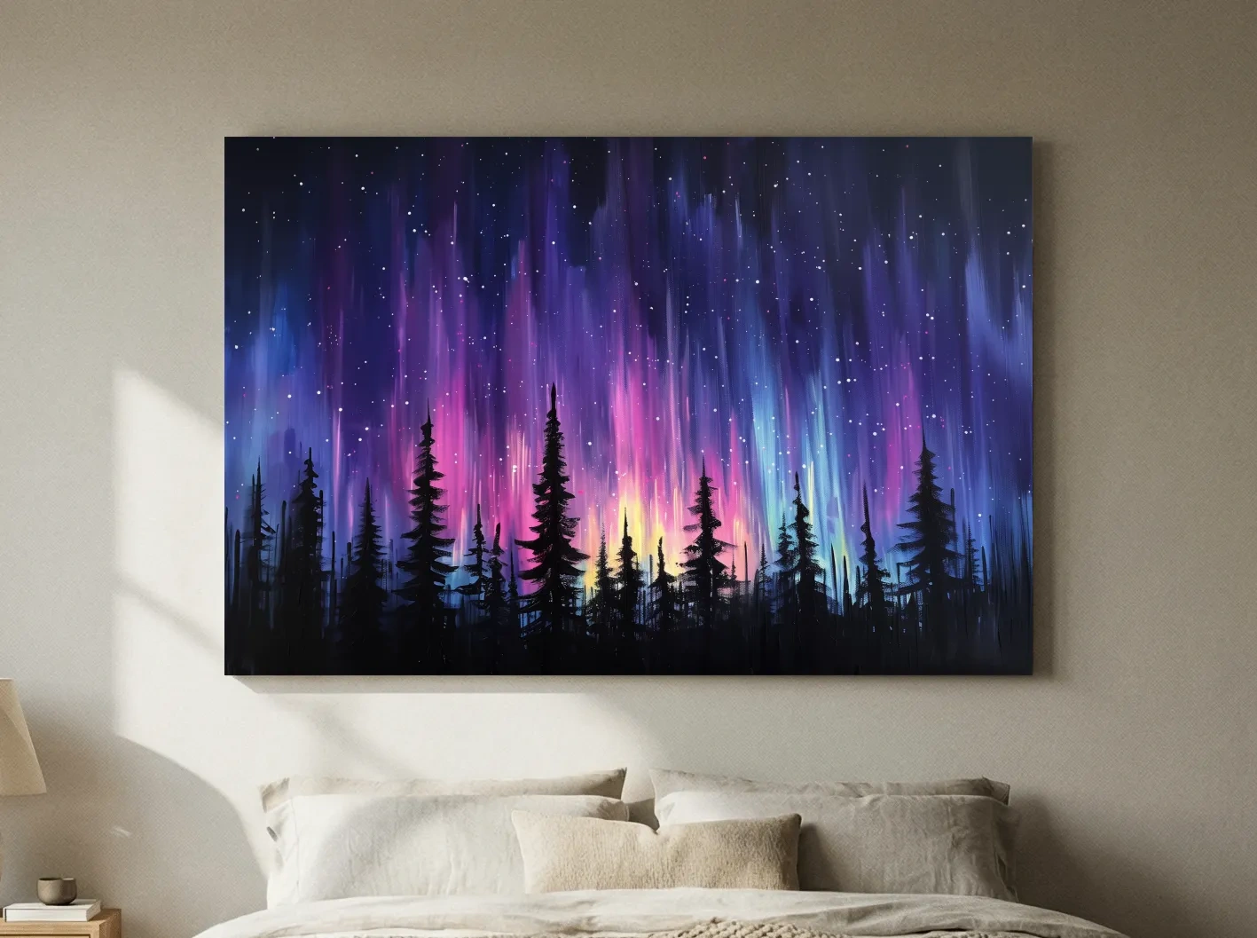 Vibrant Purple Northern Lights & Silhouetted Pine Forest - Aurora Borealis Painting Wall Art