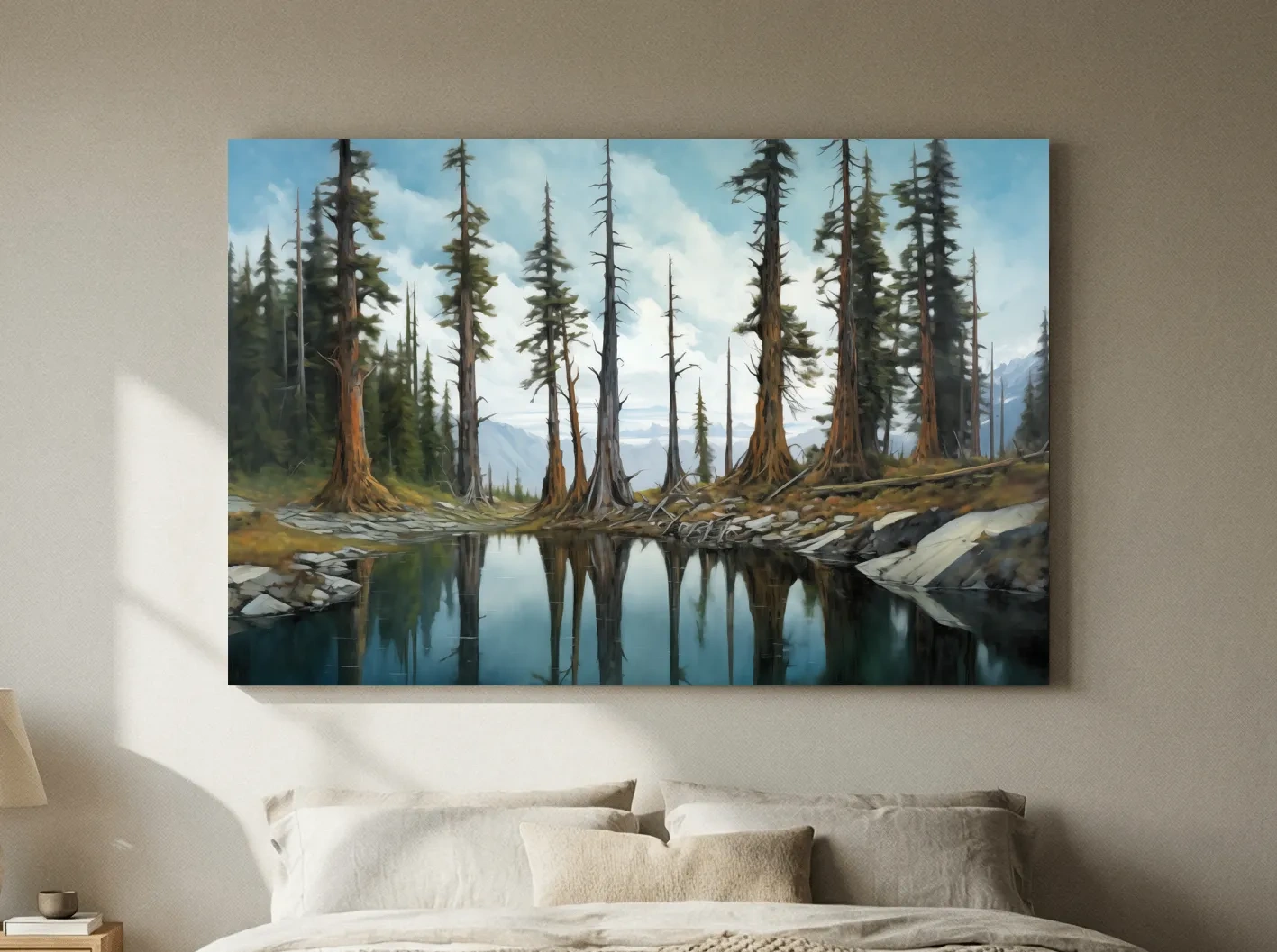Pine Forest Lake Reflection Painting - Serene Wilderness Landscape Wall Art
