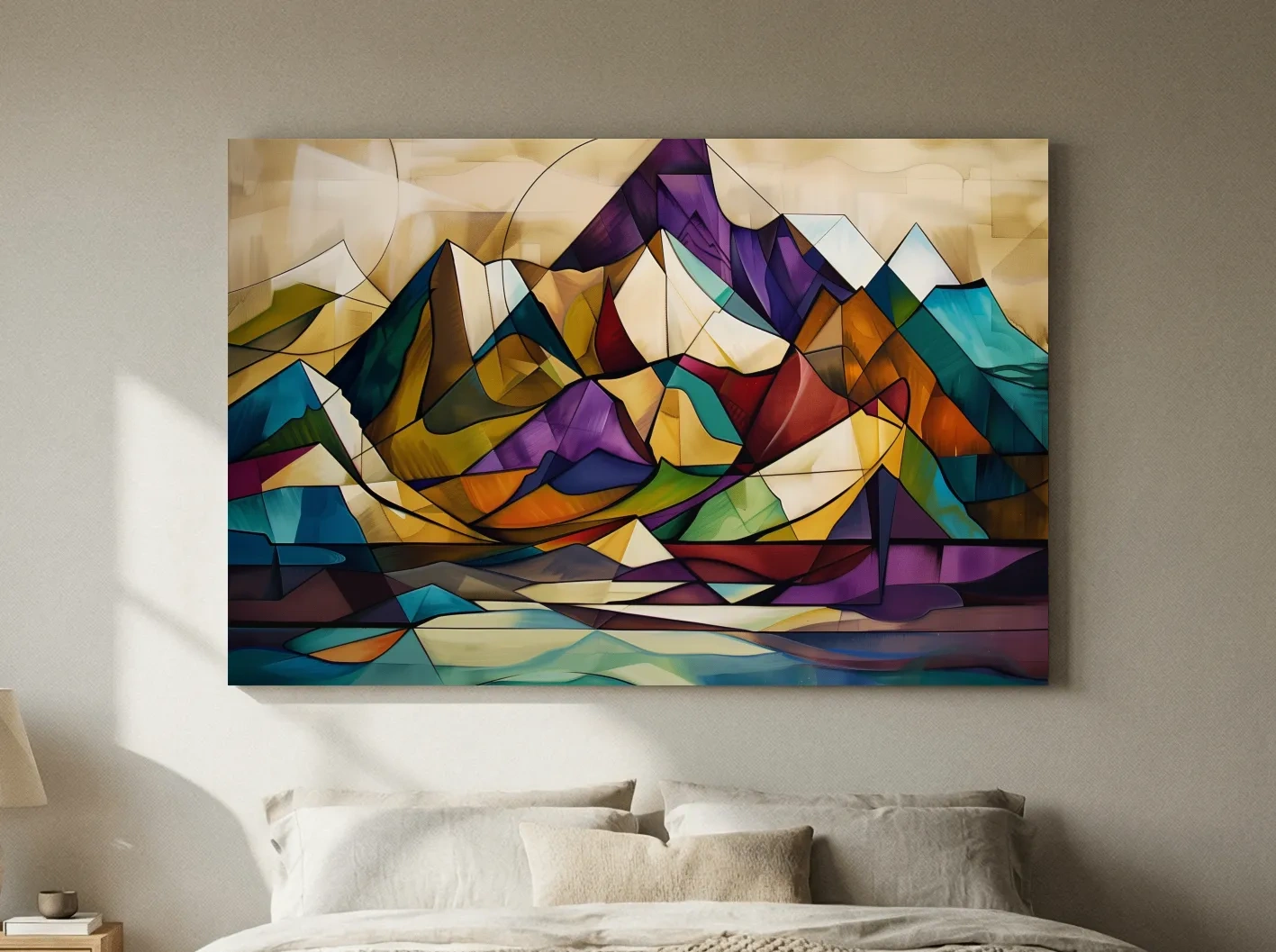 Abstract colorful mountain art, mixed media leadlight style painting