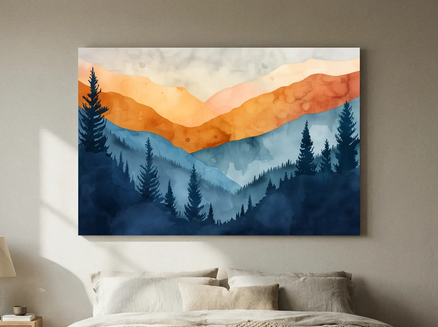 Moody Watercolor Mountain Range Silhouette - Pine Forest Painting Wall Art