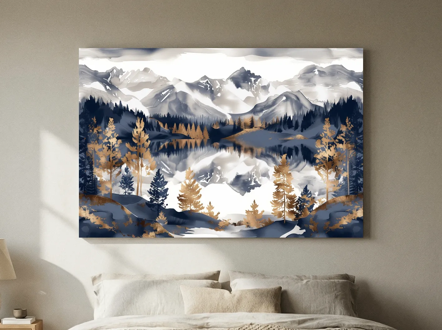 Gold Leaf Style Watercolor Alpine Lake Reflection - Mountain Landscape Artwork