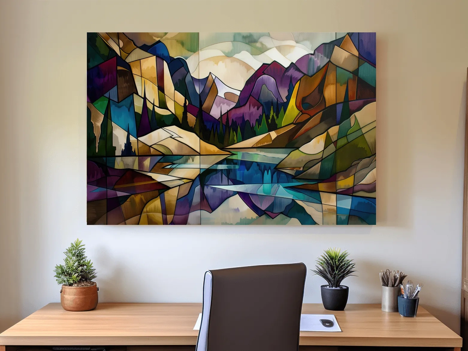 Abstract Stained Glass Mountain Lake Landscape - Colorful Geometric Alpine Wall Art