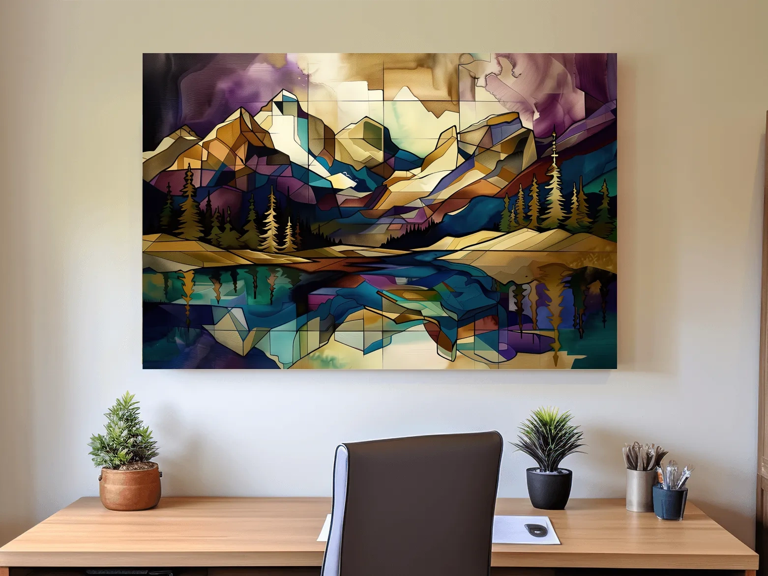 Treelined alpine lake and mountain scene, mixed media style colorful abstract painting