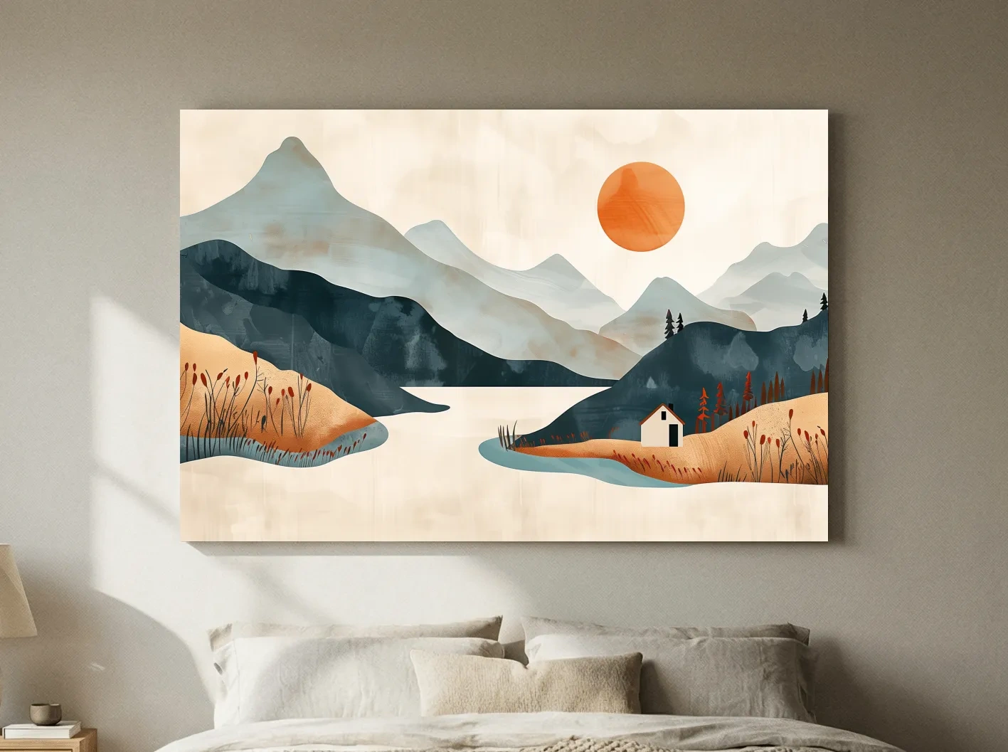 Minimalist Mountain Sunset Lake Cabin Illustration - Modern Scandinavian Wall Art