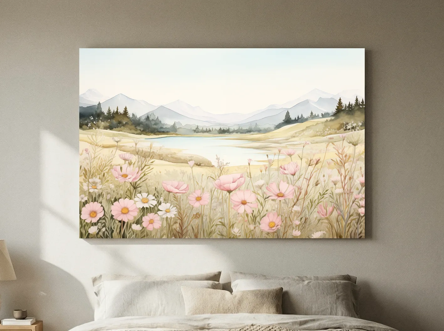 Soft Watercolor Wildflower Meadow Landscape - Serene Pastel Alpine Wall Art