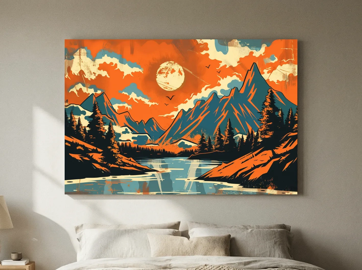 Vibrant Retro Mountain Lake Sunset Illustration - Bold Vector Landscape Wall Art