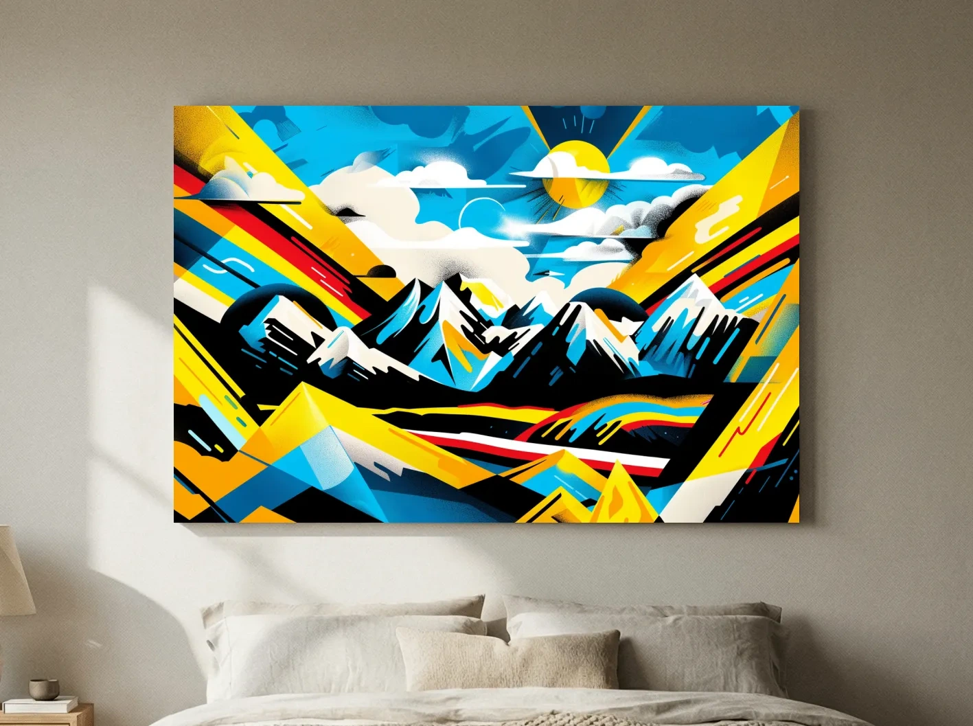 Vibrant Colorful Mountain Sunrise Illustration - Graffiti Style Landscape Wall Art