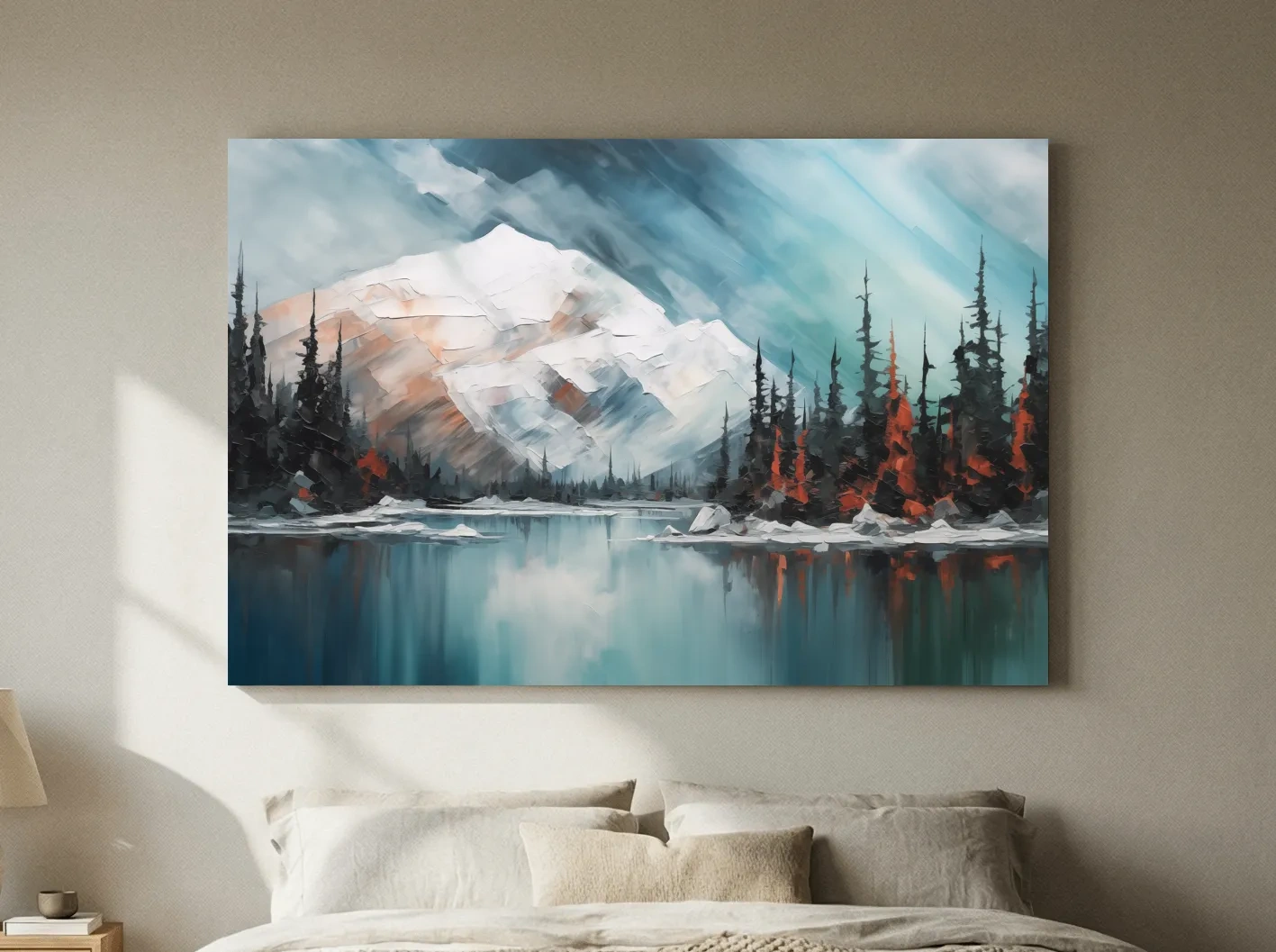 Alpine Glacier Lake Impasto Style Painting - Textured Forest Wall Art