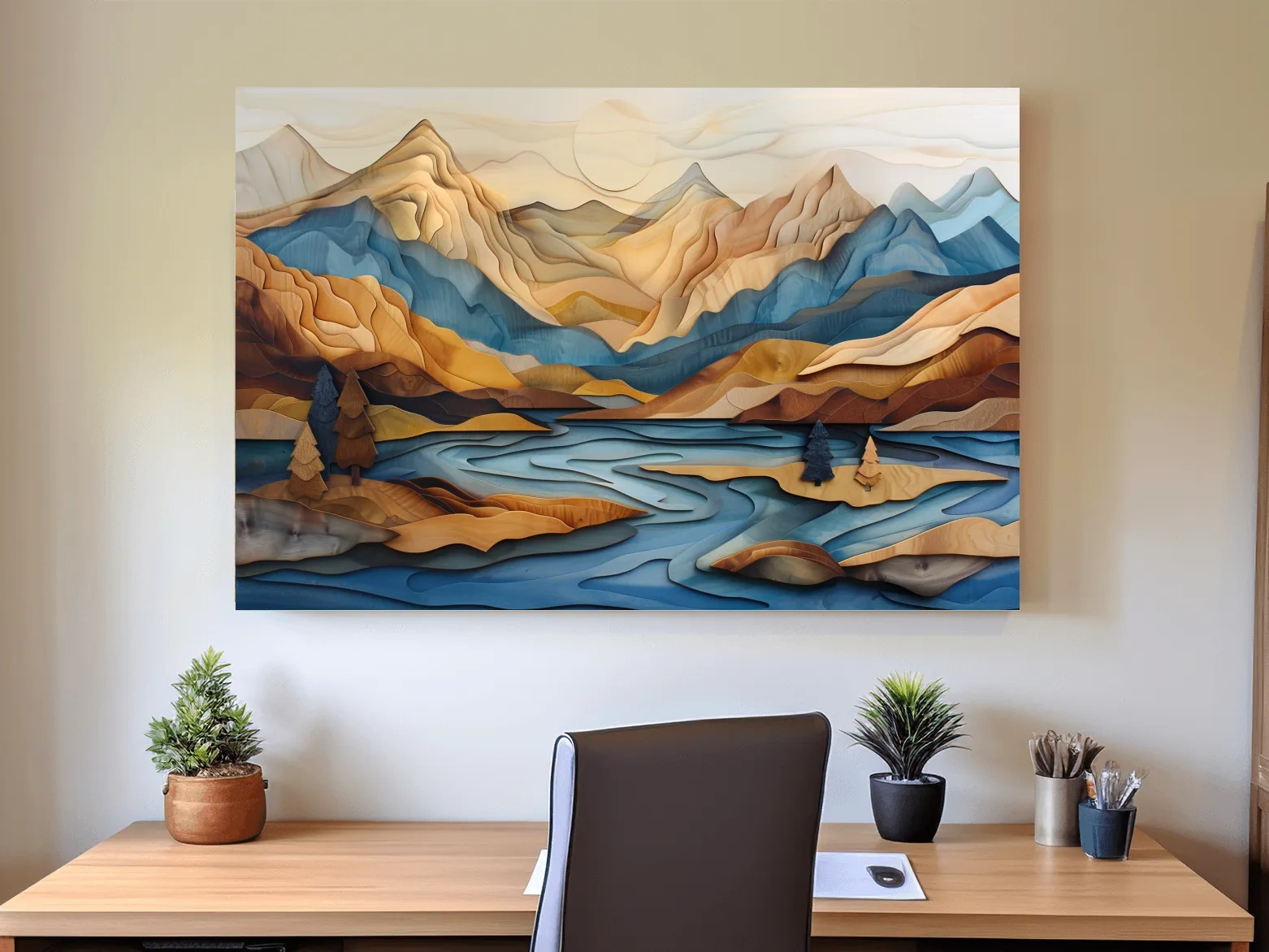 Wood Intarsia Style Alpine Mountain Lake Landscape - Modern Abstract Wall Art