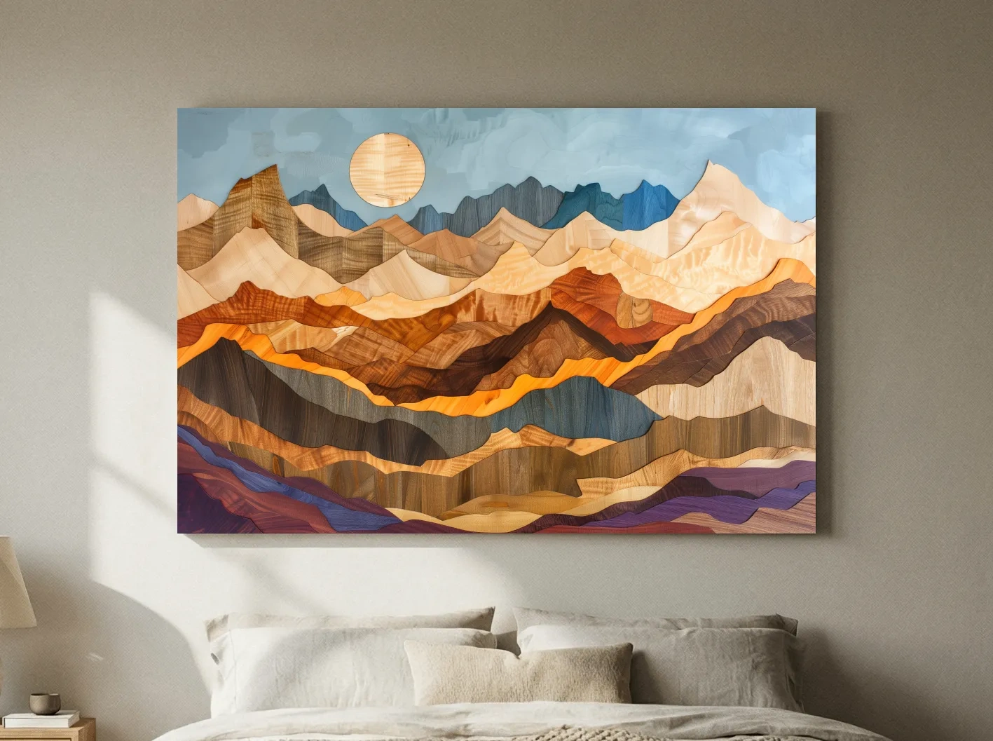 Layered Wooden Mountain Range - Intarsia Style Canvas Wall Art
