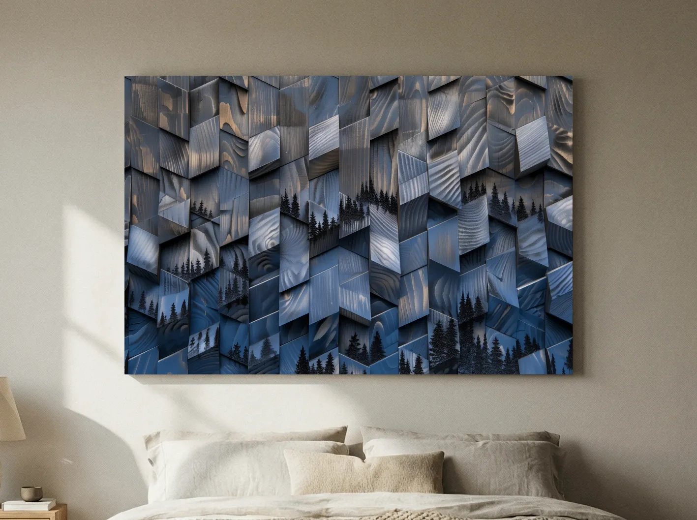 Wood Block Mountain Forest Collage - 3D Effect Abstract Landscape Wall Art