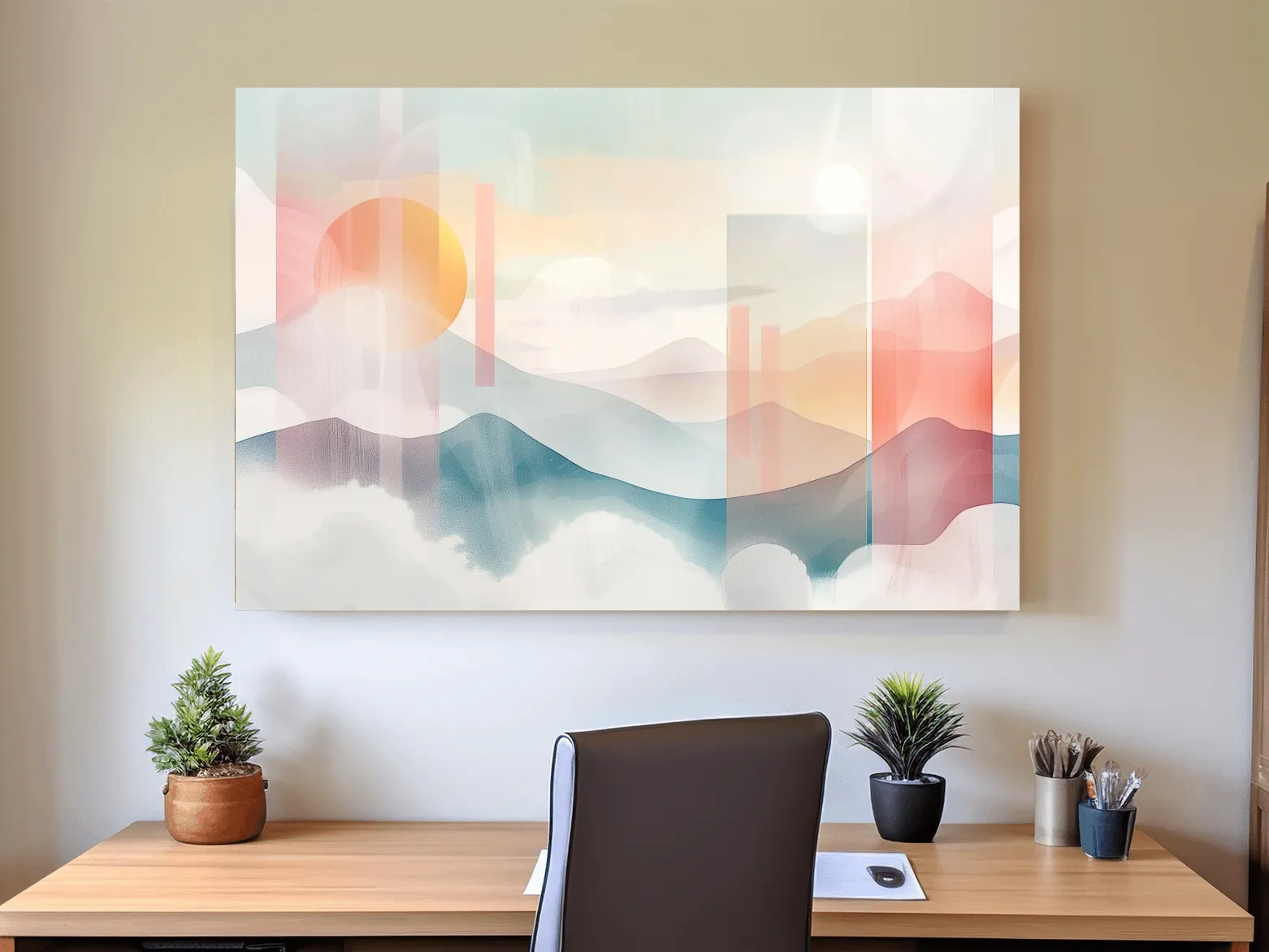 Abstract Pastel Mountain Sunrise Watercolor - Minimalist Geometric Wall Art