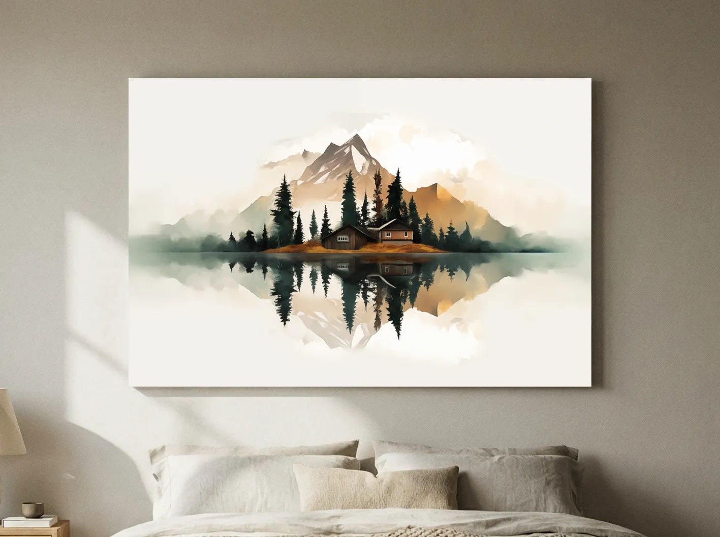 Minimalist Mountain Cabin Lake Reflection - Misty Watercolor Landscape Wall Art