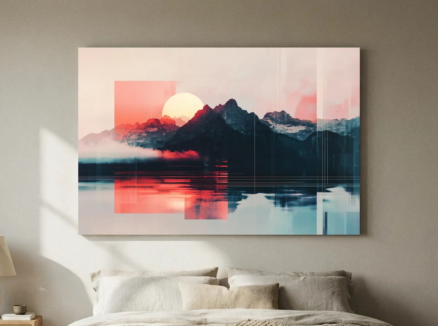 Abstract Alpine Mountain Sunset Reflection - Modern Geometric Glitch Wall Art