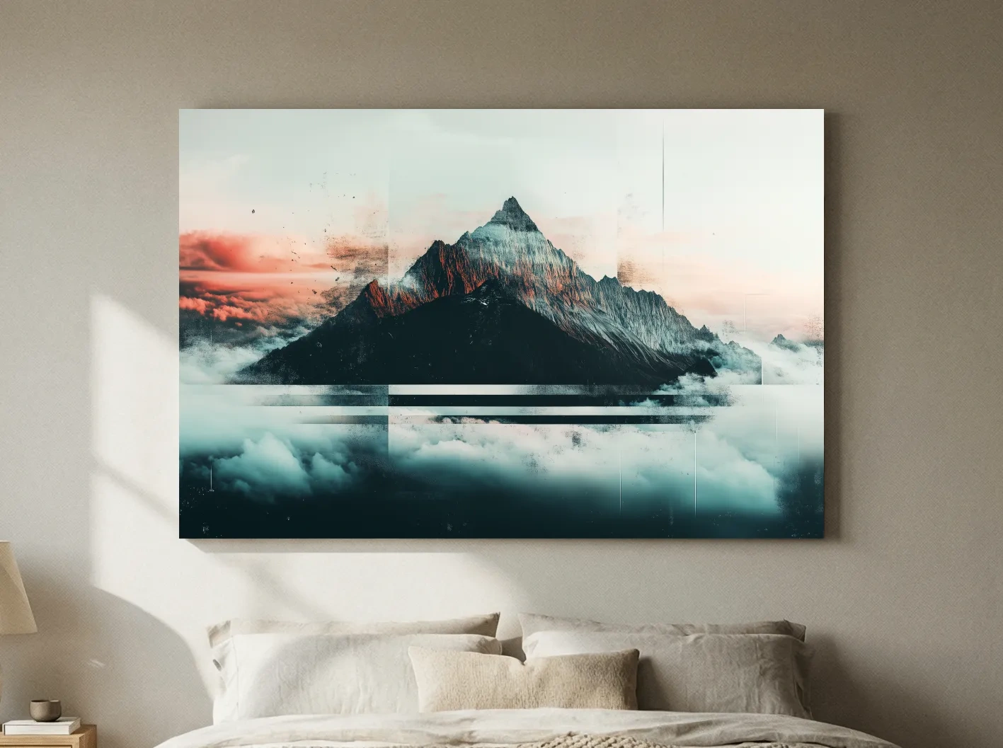 Abstract Sunset Alpine Peak Above Clouds - Glitch Style Mountain Wall Art