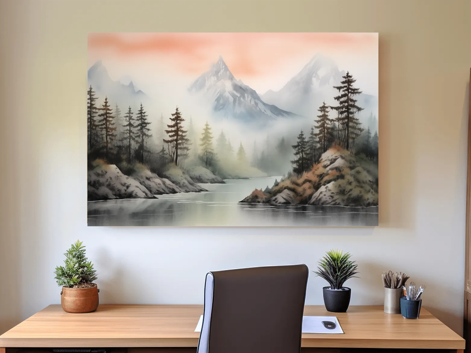 Misty Watercolor Mountain Lake Landscape - Serene Pine Forest Wall Art