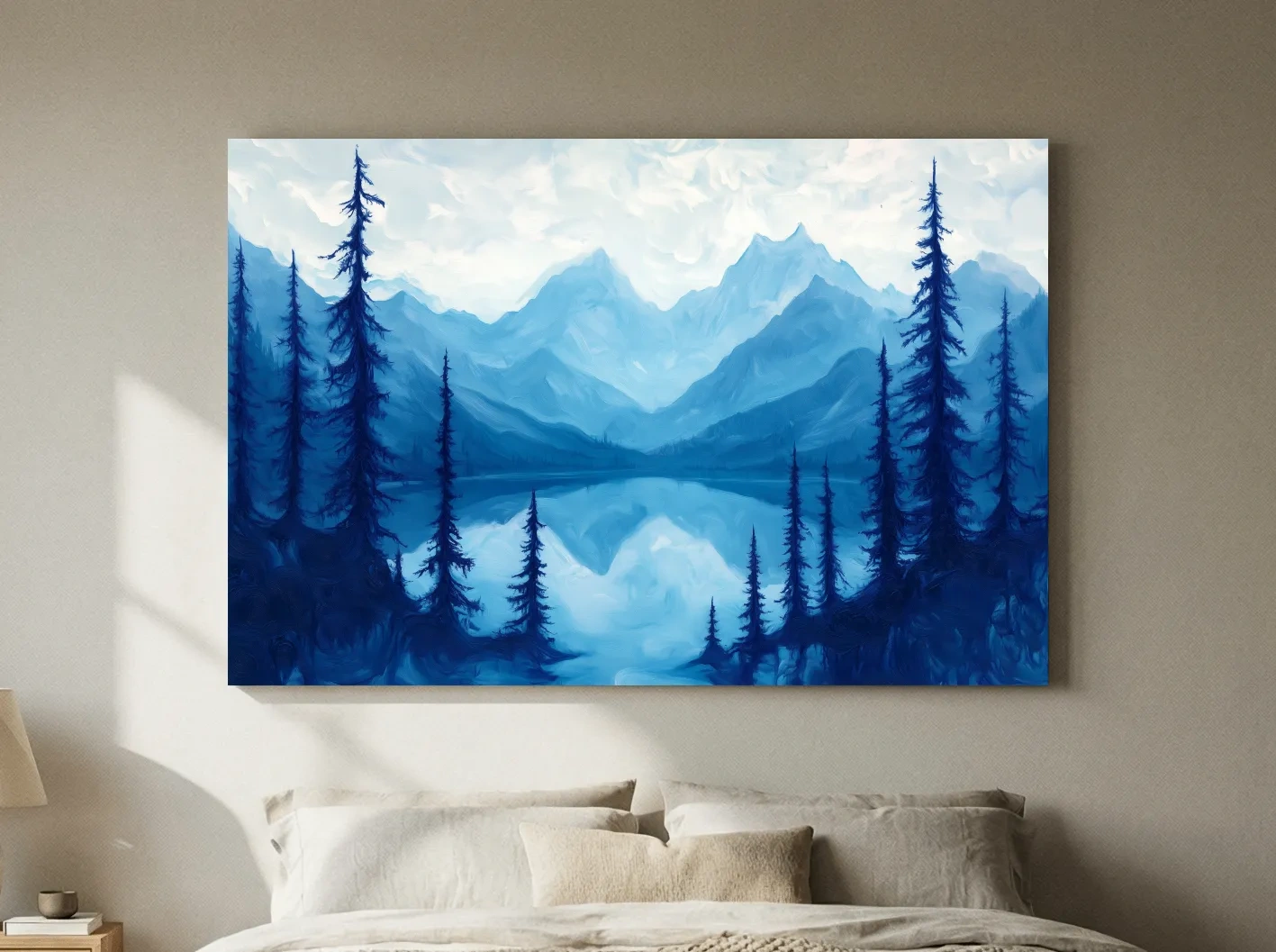 Serene Blue Mountain Lake Oil Painting - Alpine Forest Landscape Artwork