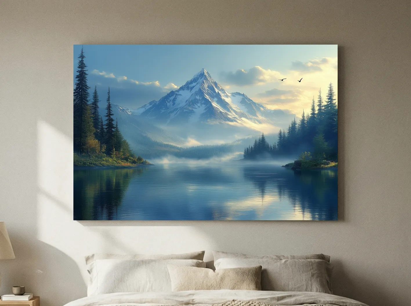 Misty Alpine Mountain Lake Sunset - Pine Forest Artwork