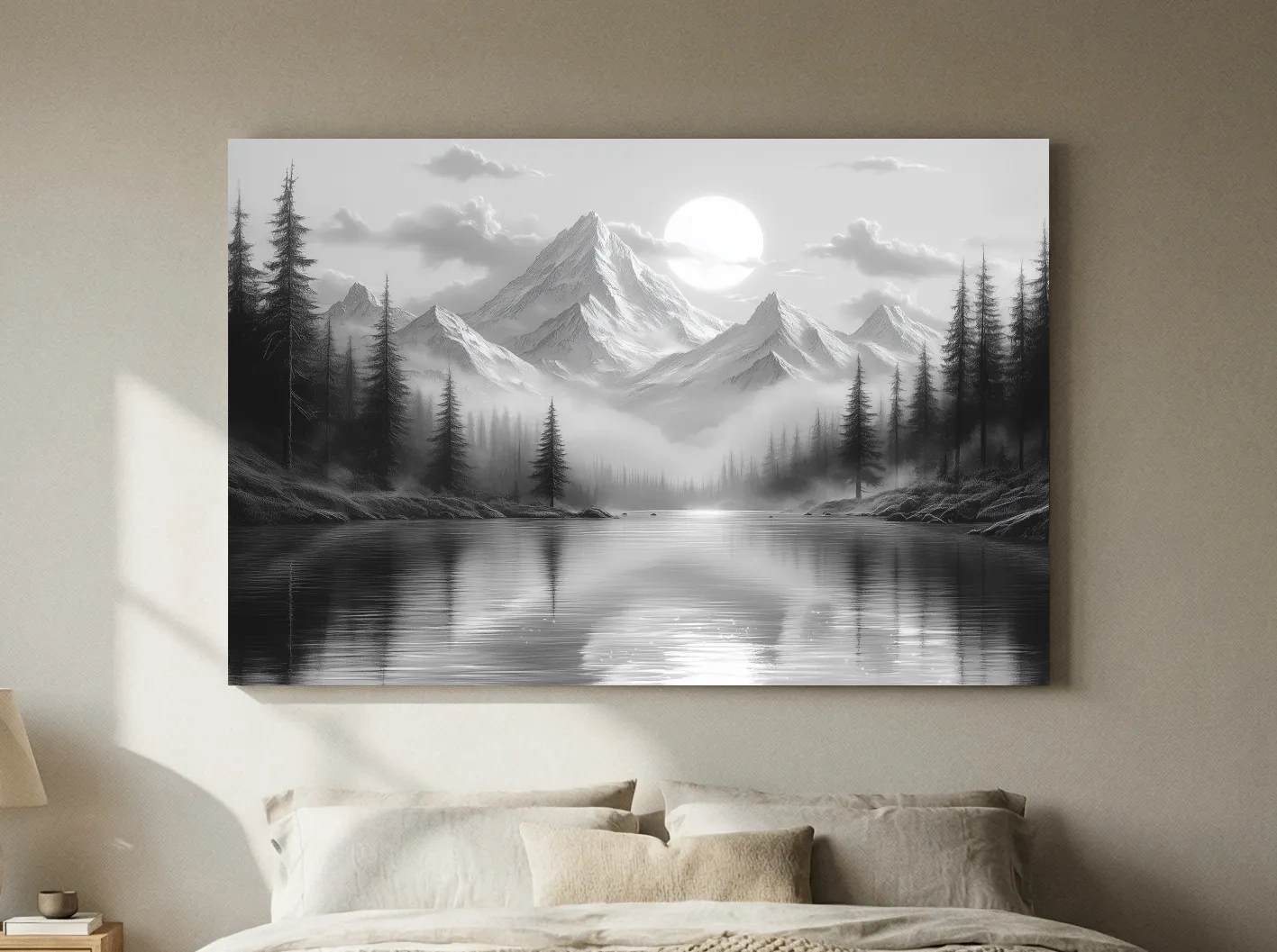 Monochrome Misty Alpine Lake Landscape - Mountain Forest Wall Art