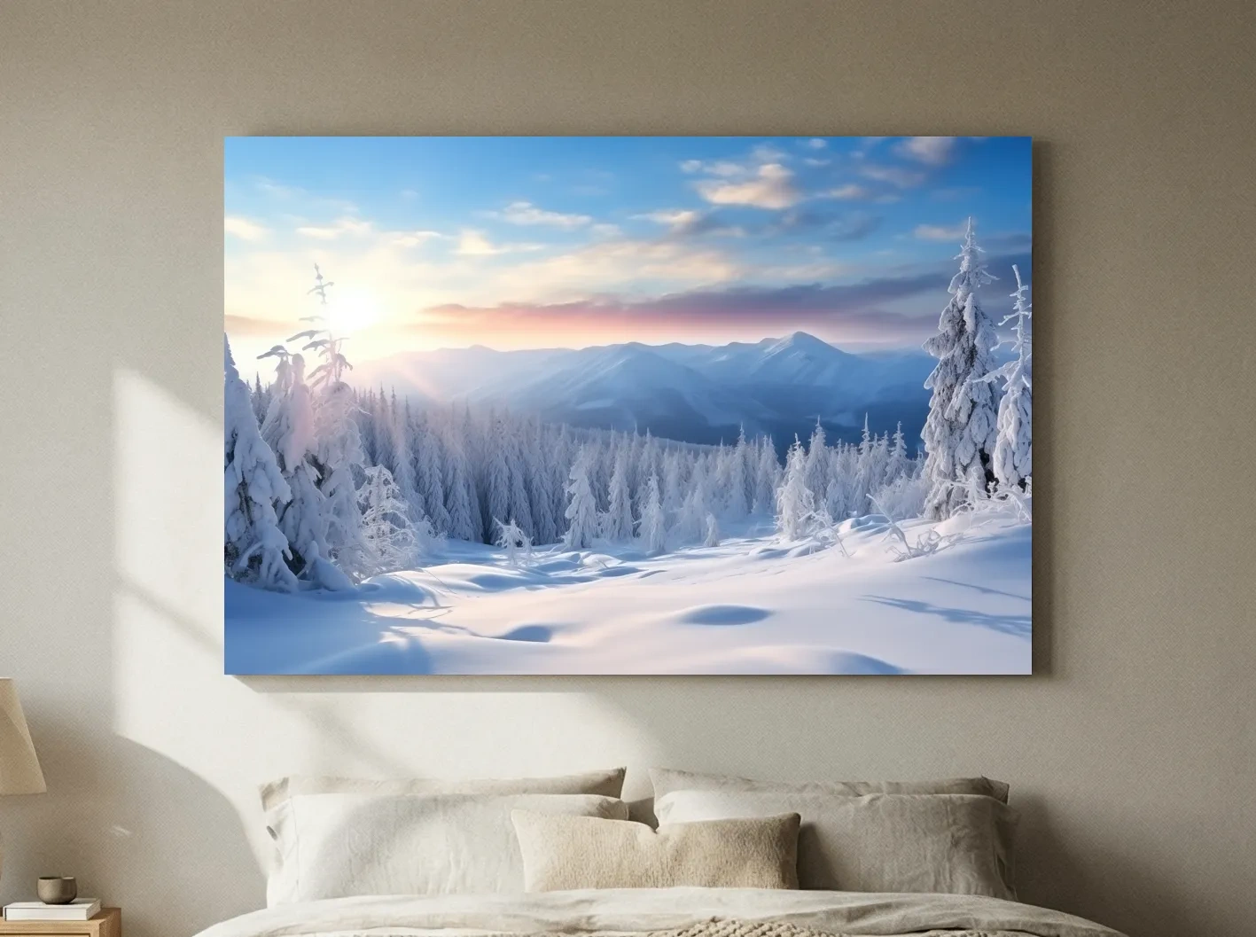 Serene Winter Mountain Sunrise Artwork - Snowy Pine Forest Photographic Wall Art