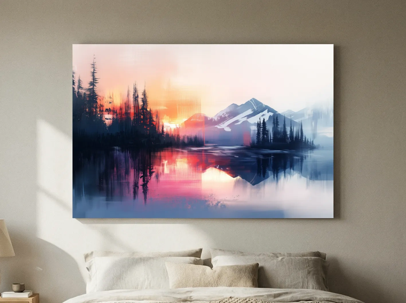 Vibrant Sunset Alpine Mountain Lake Reflection - Abstract Watercolor Forest Wall Art