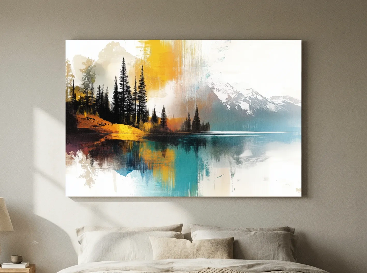 Colorful Abstract Mountain Lake Reflection Painting - Forest Landscape Wall Art