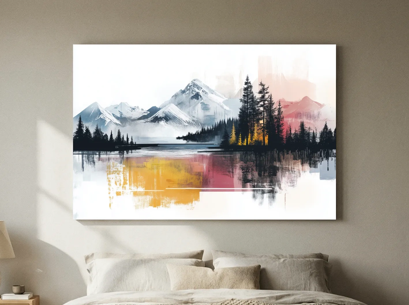 Abstract Misty Mountain Lake Painting - Modern Watercolor Pine Forest Art