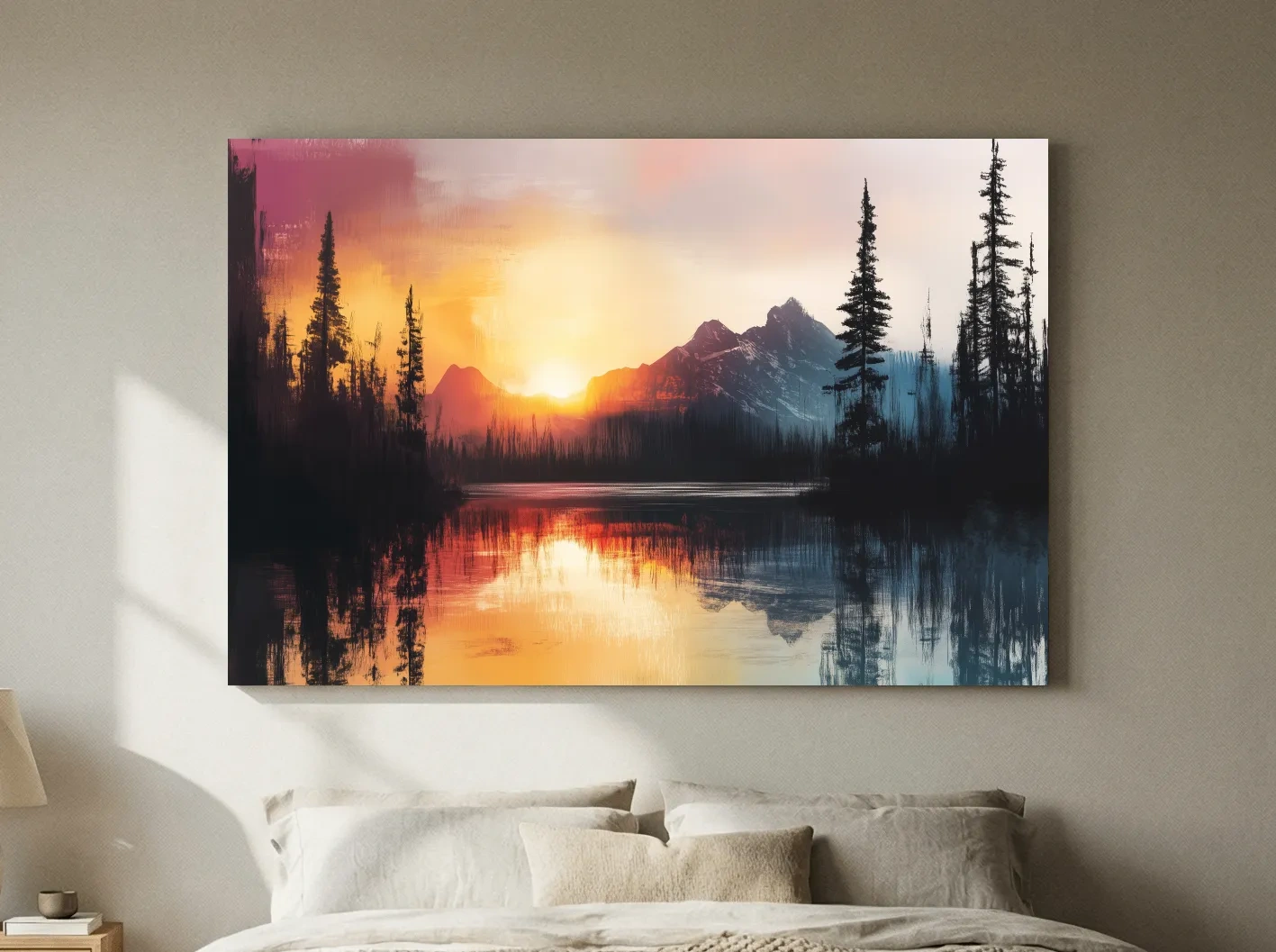 Sunset Mountain Lake Reflection Painting - Dramatic Pine Forest Landscape Wall Art