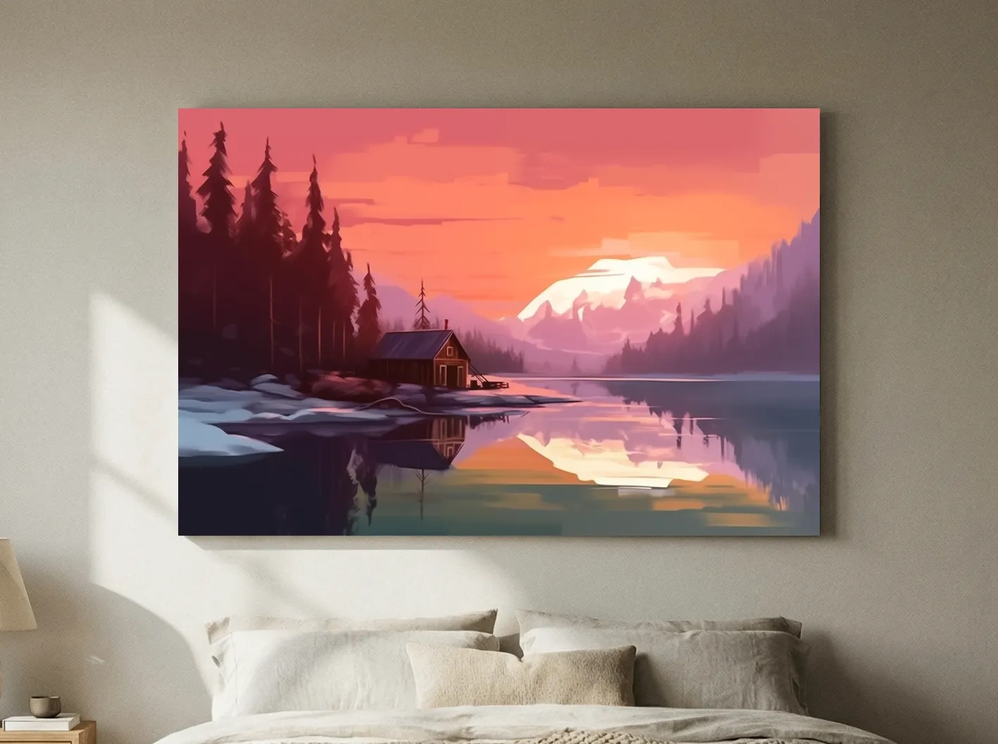 Sunset Mountain Lake Cabin Painting - Serene Alpine Landscape Wall Art