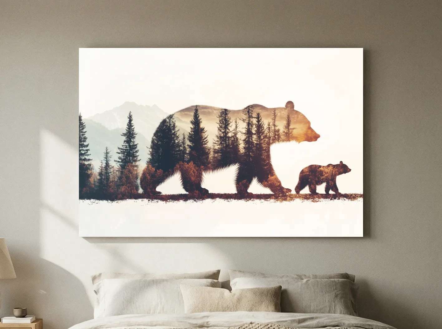 Rustic Double Exposure Bear Family - Sunset Forest Wildlife Wall Art